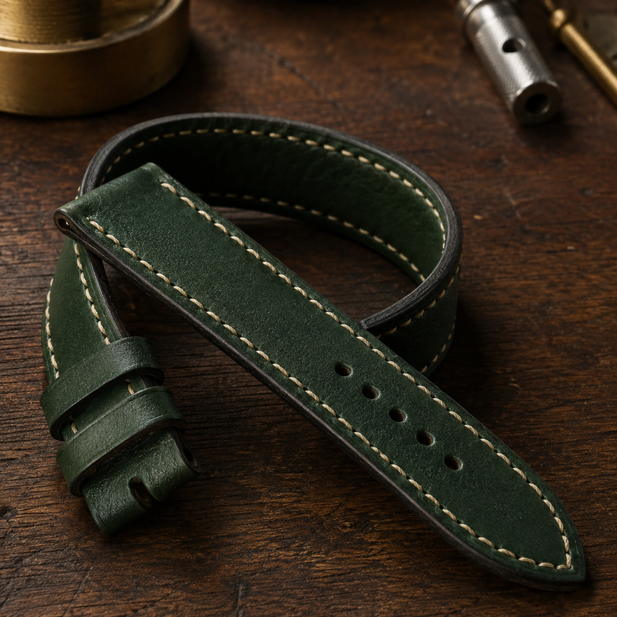 Bracelet de montre en cuir vert à surpiqûres crème, enroulé sur bois sombre